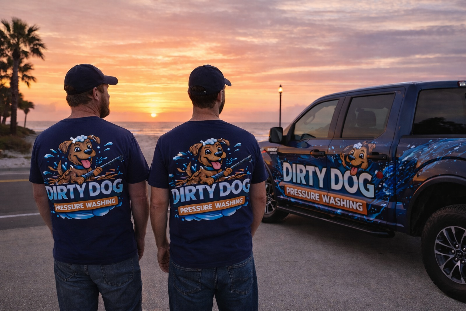 Dirty Dog Pressure Washing team with branded truck at Florida beach sunset